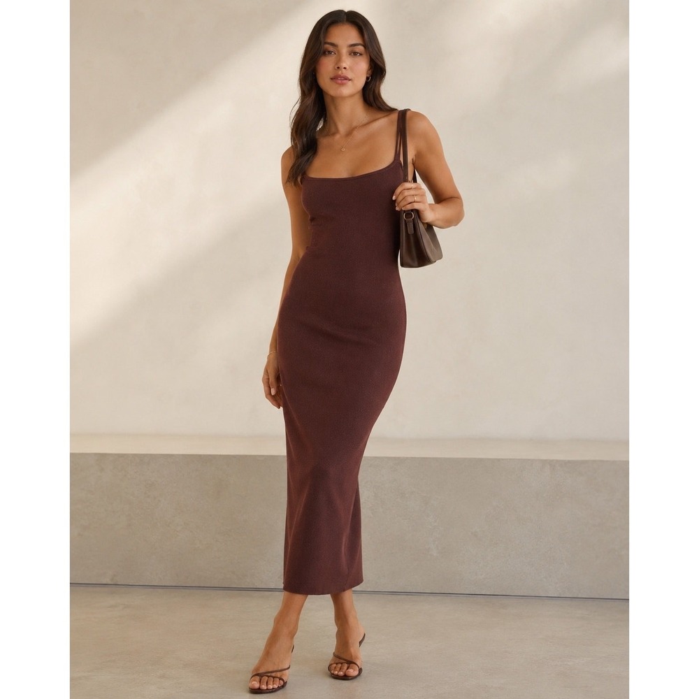 Zara Brown Ribbed Knit Midi Dress Womens Medium Open Back Bodycon Y2K Stretch